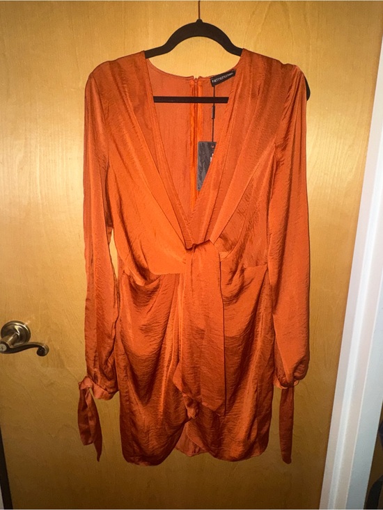 PrettyLittleThing Dresses & Skirts - PrettyLittleThing  Satin Rust Orange Long Split Sleeve Twist-Front Dress